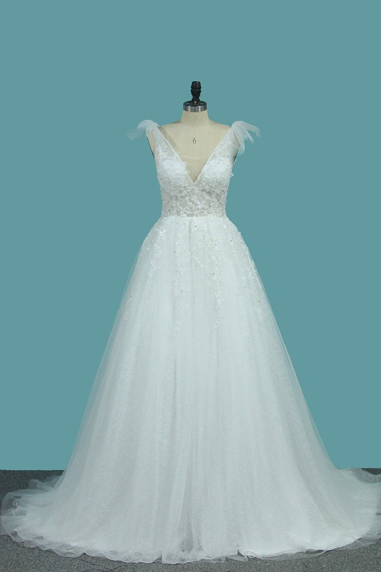 2024 A Line Spaghetti Straps Wedding Dresses Tulle & Lace With Applique Court Train