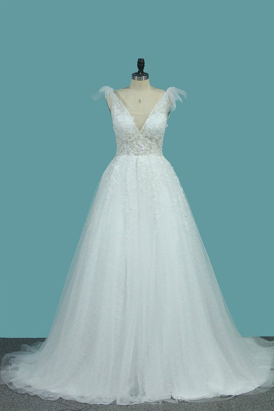 2024 A Line Spaghetti Straps Wedding Dresses Tulle & Lace With Applique Court Train