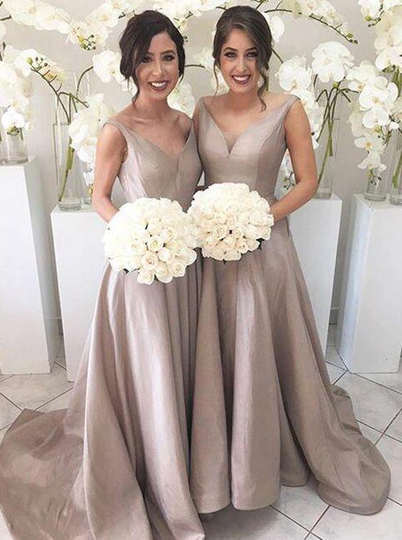 Simple V-neck Sleeveless Hi Low Sweep Train Silver Bridesmaid Dress RS615