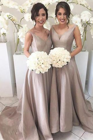 Simple V-neck Sleeveless Hi Low Sweep Train Silver Bridesmaid Dress RS615