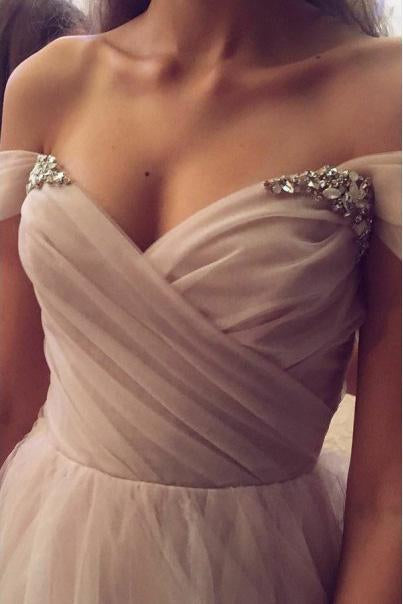 A Line Sweetheart Beaded Off the Shoulder Pink Long Prom Dresses Wedding Dress RS132