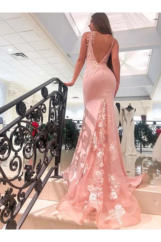 Mermaid V Neck Spaghetti Straps Long Prom Dresses Appliques Party Dress Chiffon And SRSPFT7D7JQ