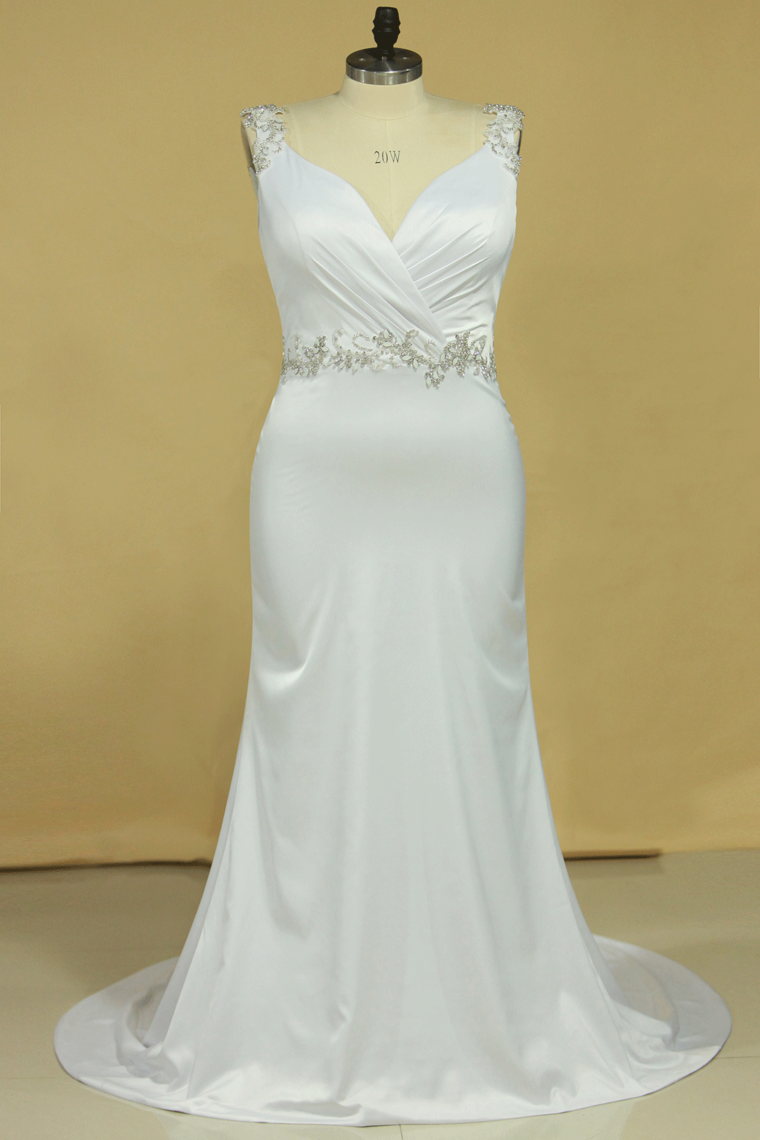 2024 Plus Size Wedding Dresses A Line V Neck Open Back With Beading Stretch Satin