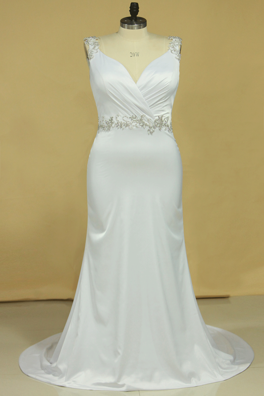 2024 Plus Size Wedding Dresses A Line V Neck Open Back With Beading Stretch Satin