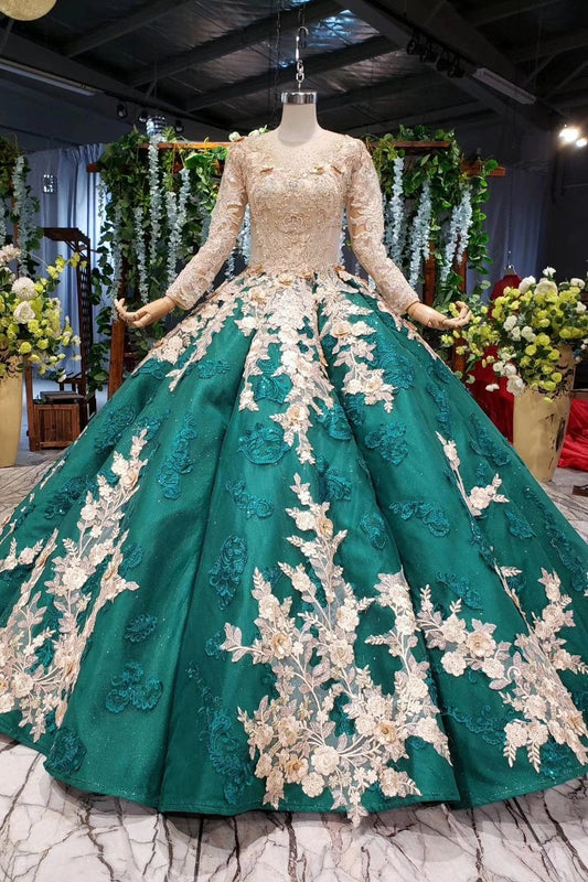 Ball Gown Long Sleeve Satin Beads Prom Dresses, Quinceanera Dresses with Appliques SRS15059