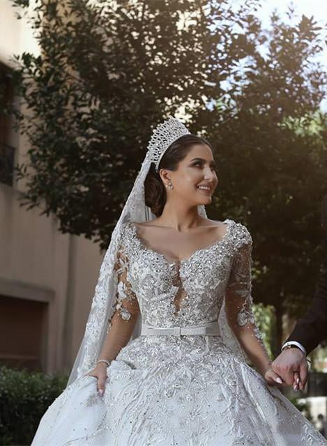 Sexy Ball Gown Sweetheart Long Sleeve Lace Appliques Tulle Long Wedding Dresses RS70