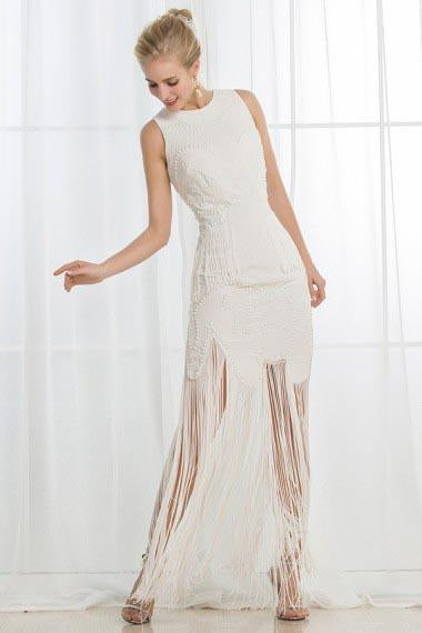 A-Line Jewel Ivory Scoop Satin Beading Tassel Sleeveless Appliques Wedding Dresses RS272