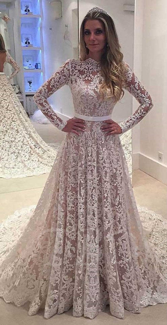 A-Line Backless Bowknot Scalloped Ivory Long Sleeve Backless Lace Wedding Dresses RS330