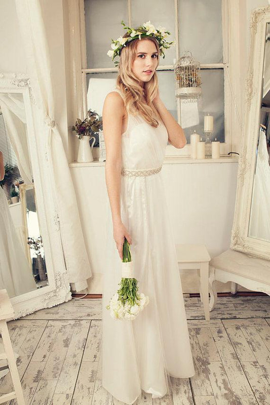 A-Line Ivory Lace Sleeveless V-Neck Vintage V-Back Tulle Floor Length Cheap Wedding Dresses RS279