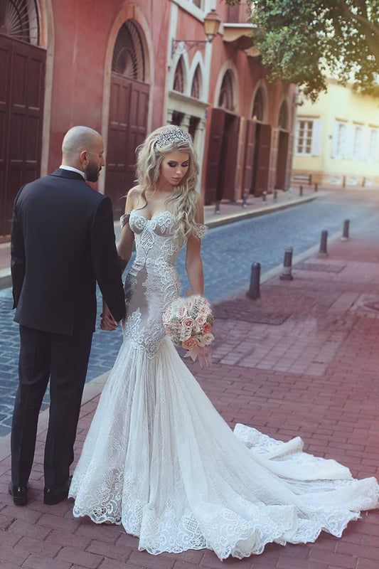 Sexy Queen Mermaid Sweetheart Ivory Lace Off-the-Shoulder Open Back Wedding Dresses RS306