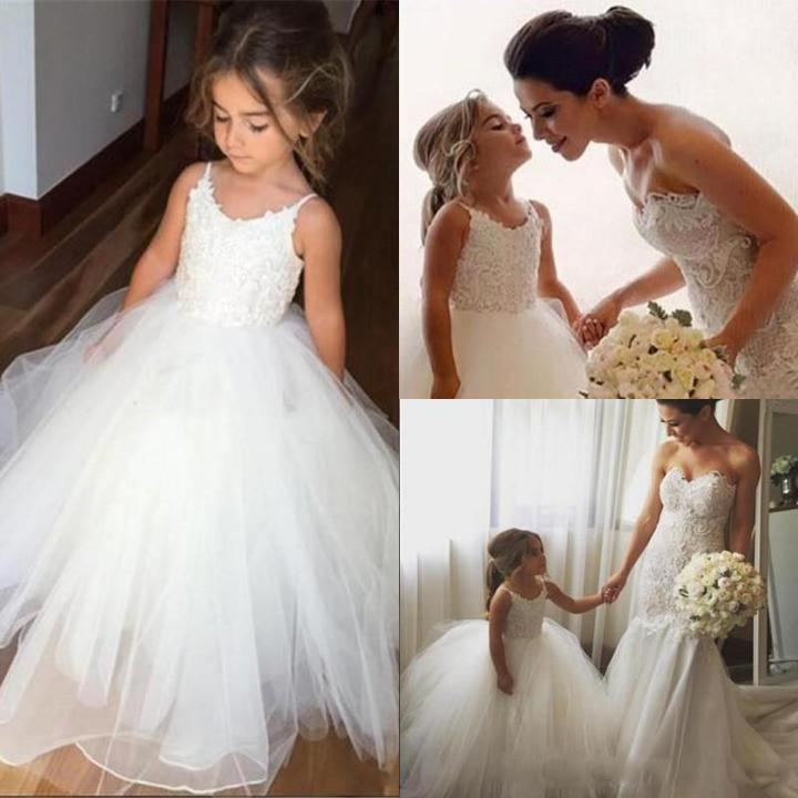 A Line Spaghetti Straps Lace Top Ivory Tulle Flower Girl Dresses For Wedding Party RS773