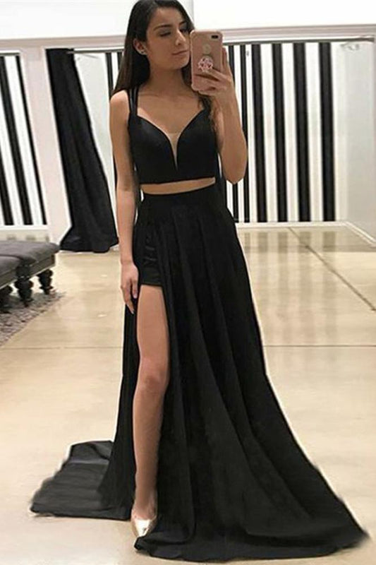 Sexy A Line V Neck Two Piece Sweetheart Cross Back Split Black Long Prom Dresses RS137