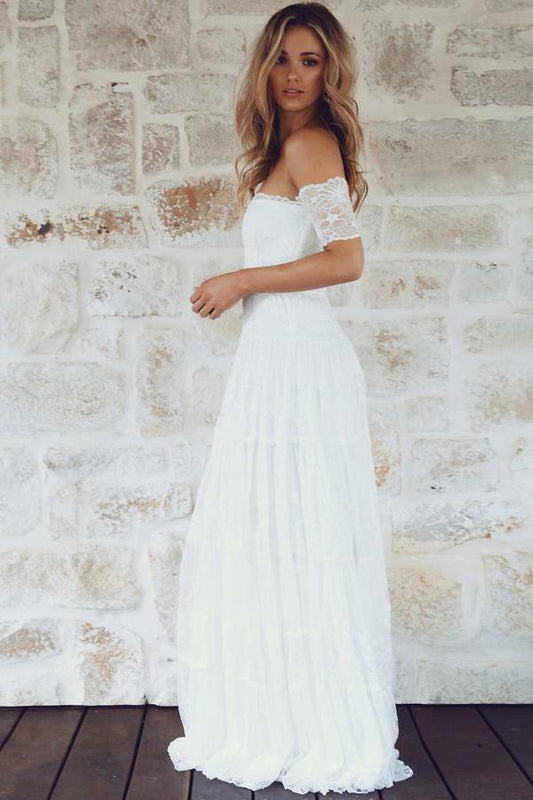 A-Line Off-the-Shoulder Short Sleeves Backless White Lace Boho Wedding Dresses RS365