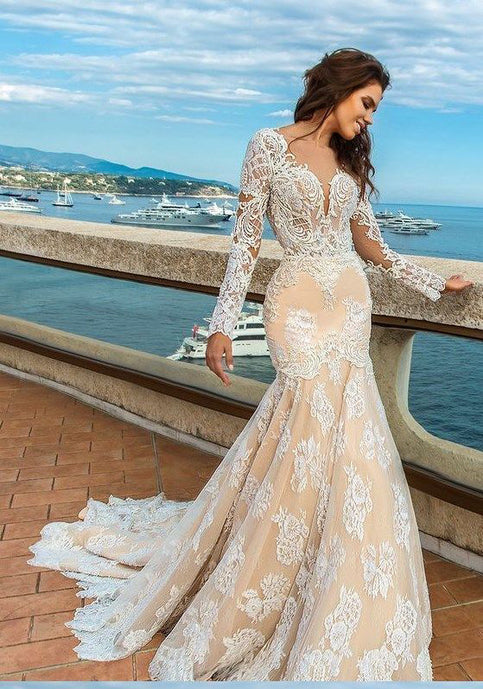 2024 White Lace Mermaid Deep V-Neck Backless Long Sleeve Wedding Dresses RS835