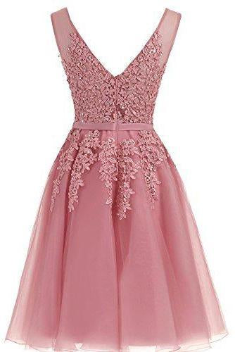 Short Dusty Rose Homecoming Dresses Lace Beads Tulle Appliqued Princess Hoco Dress RS729