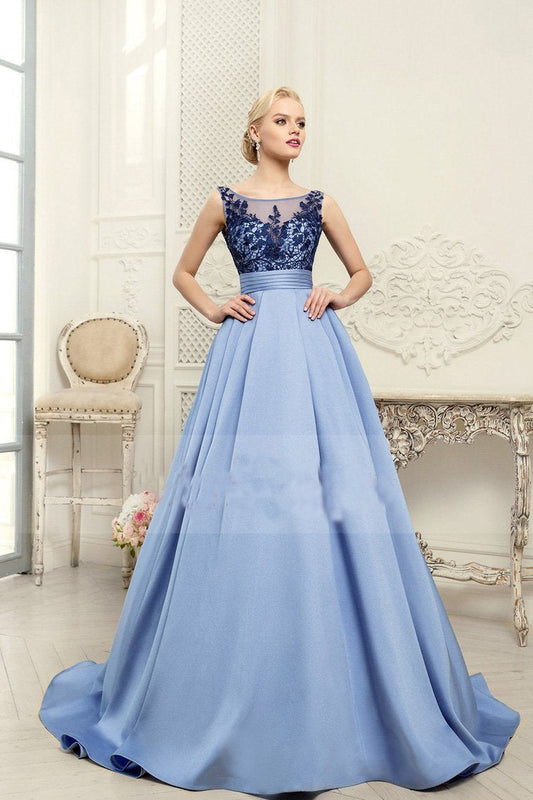 2024 Scoop Blue A-Line Appliques Satin Backless Sleeveless Quinceanera Dress Prom Dresses RS456