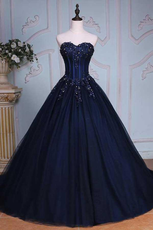 Princess Ball Gown Sweetheart Navy Blue Beads Ruffles Long Tulle Prom Dresses with Lace up RS236
