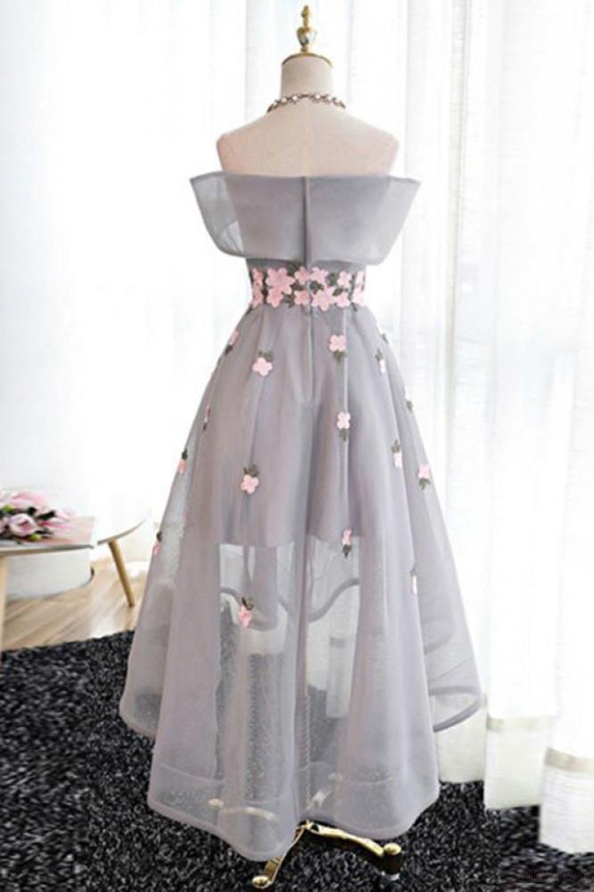 A Line Off Shoulder Grey High Low Homecoming Dress Cocktail Dresses Graduation Dresses RS94