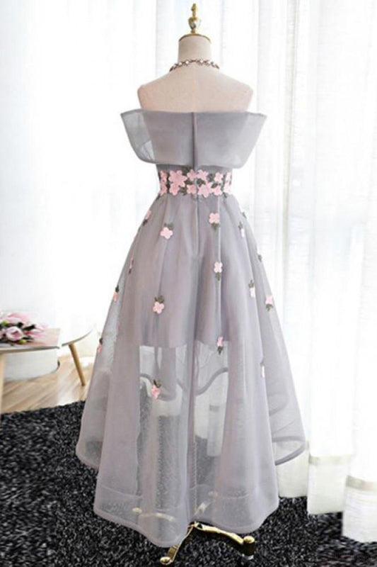 A Line Off Shoulder Grey High Low Homecoming Dress Cocktail Dresses Graduation Dresses RS94