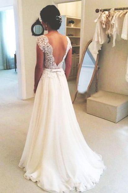 A-line Round Neckline Chiffon Lace Long Open Back Sleeves Wedding Dresses RS217