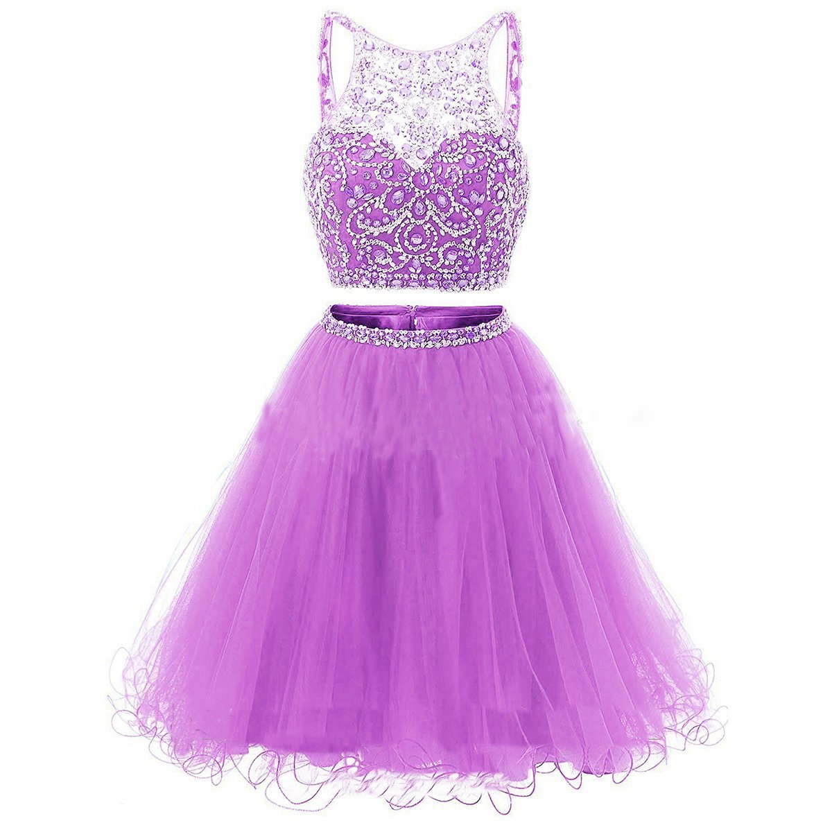 Jewel Neck Illusion Sequins Crystal Shining Two Piece Low Back Royal Blue Tulle Homecoming Dress RS877