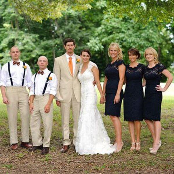 Lace Short Open Back Cheap Navy Blue Cap Sleeve Mermaid Bridesmaid Dresses RS122