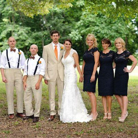 Lace Short Open Back Cheap Navy Blue Cap Sleeve Mermaid Bridesmaid Dresses RS122