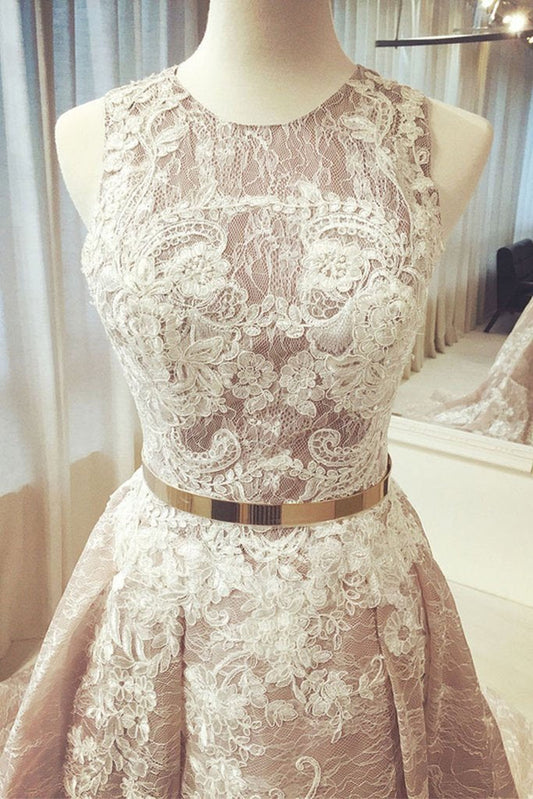A-Line Round Neck Long Wedding Dress Sleeveless Scoop Belt Appliques Prom Dresses RS367