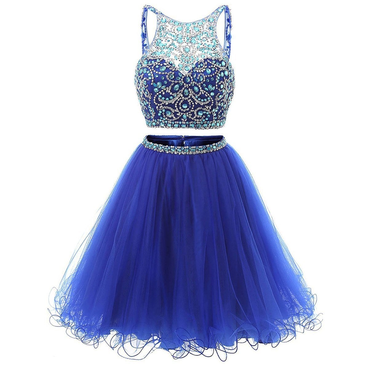 Jewel Neck Illusion Sequins Crystal Shining Two Piece Low Back Royal Blue Tulle Homecoming Dress RS877
