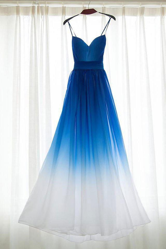 Royal Blue White Ombre Long Bridesmaid Dress A-line Sweetheart Chiffon Prom Dresses RS340