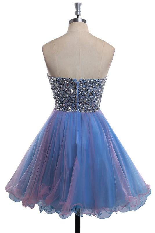 Strapless Cute Tulle Short Sweetheart Beading Blue Rhinestone Homecoming Dresses RS190