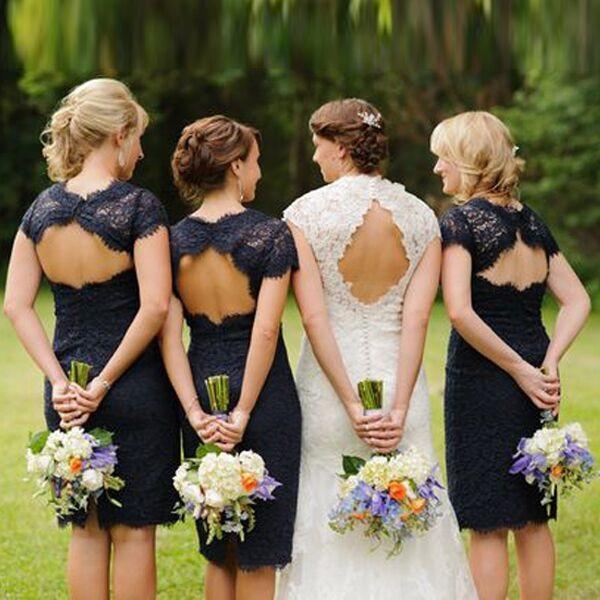 Lace Short Open Back Cheap Navy Blue Cap Sleeve Mermaid Bridesmaid Dresses RS122