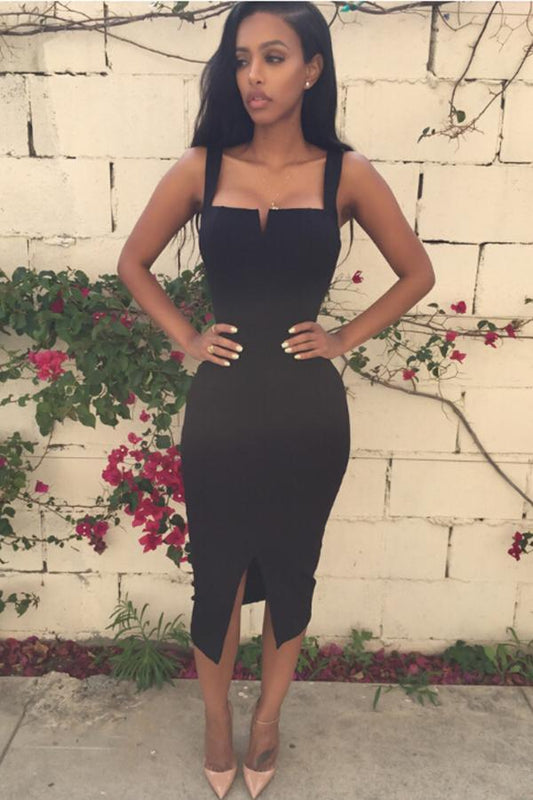 Sexy Sheath Black Spaghetti Straps Slit Tea Length Prom Dresses Homecoming Dresses RS896