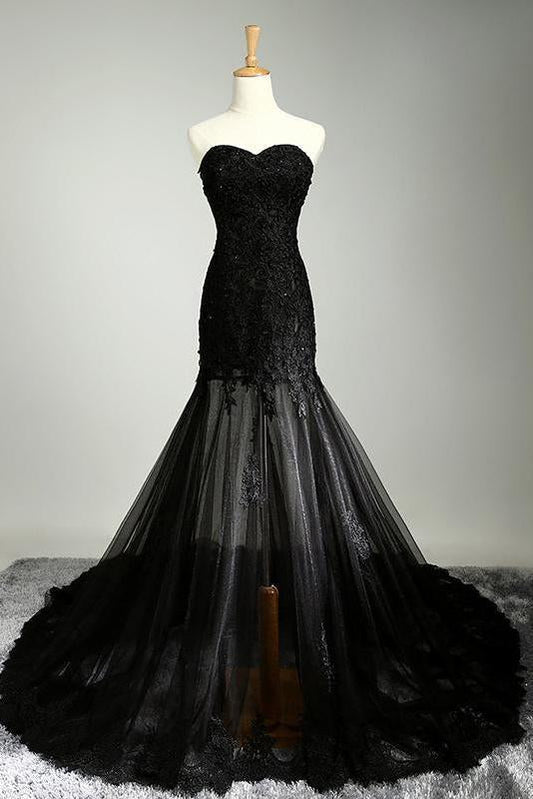 Sexy Black Sweetheart Sheath Tulle Beads Lace Appliques Strapless Long Prom Dresses RS30