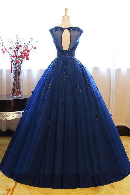 Dark Blue Tulle Lace Beads Ball Gown Open Back Sweet 16 Dress Quinceanera Dresses RS808