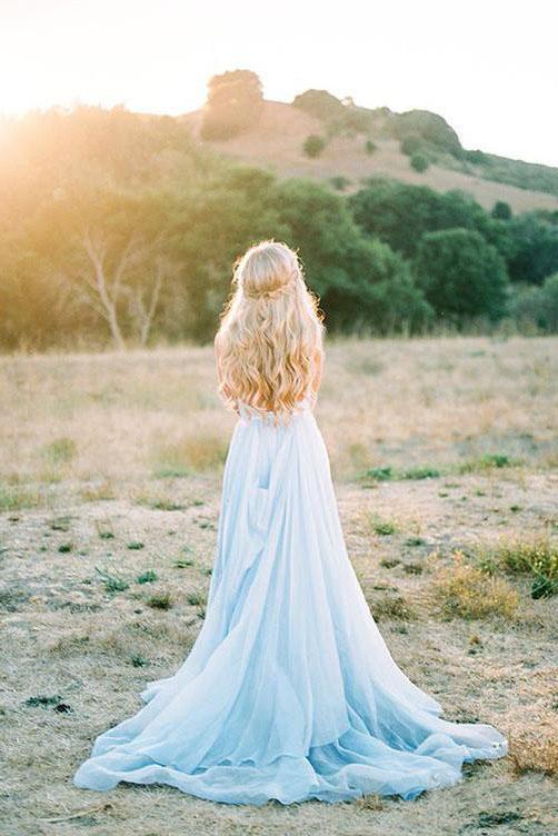 A Line Sky Blue Rustic Chiffon Deep V Neck Slit Summer Beach Wedding Dresses RS863