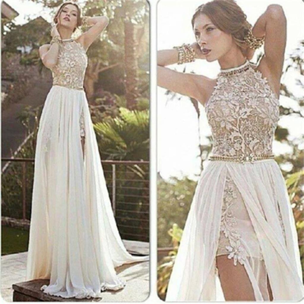 2024 Sexy Lace Backless Long Chiffon High Neckline Halter Side Slit Prom Dress Wedding Dress