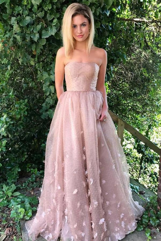 Princess A-Line Strapless Pink Lace Sleeveless Tulle Appliques Pockets Prom Dresses RS822