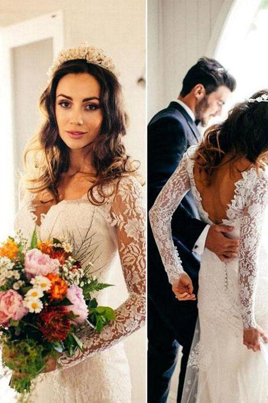 Sexy Gorgeous Mermaid Long Sleeves V-Neck Backless White Lace Wedding Dresses RS313