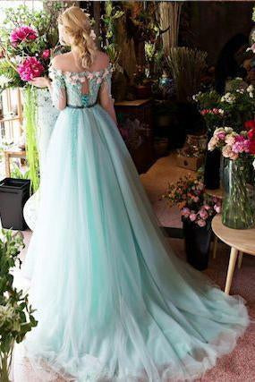 Princesses Romantic Summer Boho Off the shoulder Long Sleeve Blue Wedding Dresses RS546