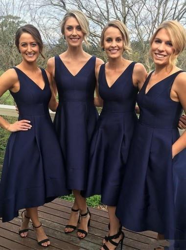 Elegant A-Line V-Neck Sleeveless Hi-Low Navy Blue Satin Bridesmaid Dress RS92