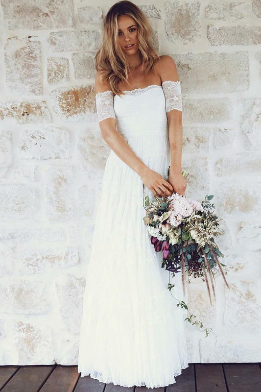 A-Line Off-the-Shoulder Short Sleeves Backless White Lace Boho Wedding Dresses RS365