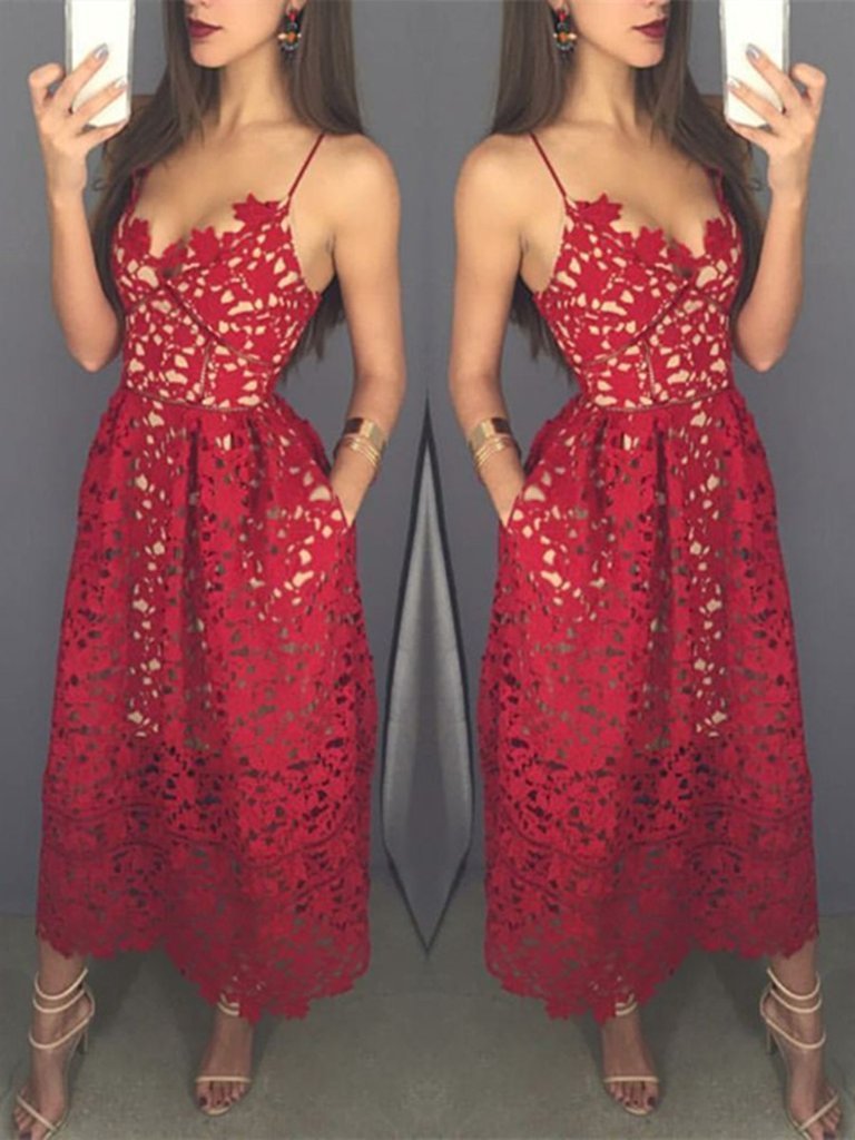 Mid-calf Red Lace Spaghetti Straps with Pockets Sweetheart Homecoming Dresses RS642