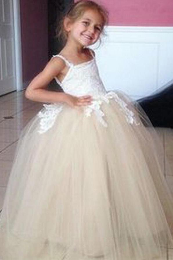Tulle Applique Spaghetti Straps Backless Flower Girl Dresses Lovely Tutu Dresses RS117