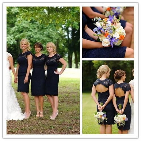 Lace Short Open Back Cheap Navy Blue Cap Sleeve Mermaid Bridesmaid Dresses RS122