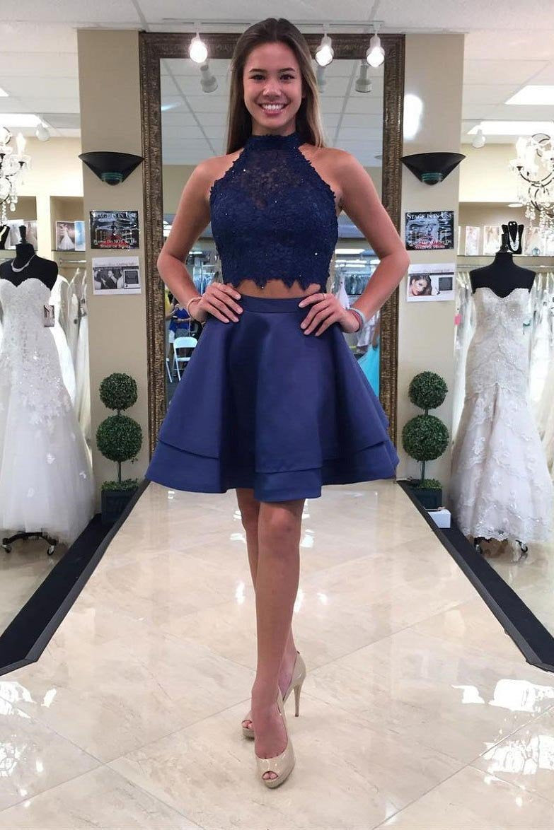 Two Piece Round Neck Short Tiered Satin Blue Open Back Homecoming Dress with Lace RS259