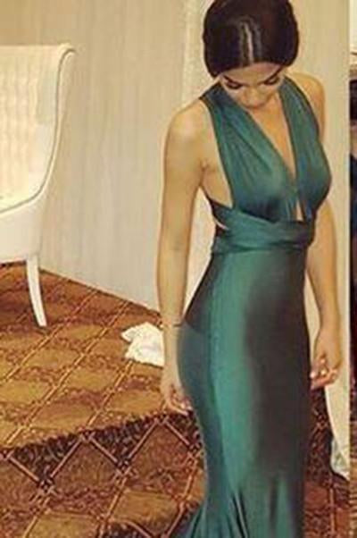 Sexy Dark Green Deep V-Neck Mermaid Backless Prom Dresses RS552