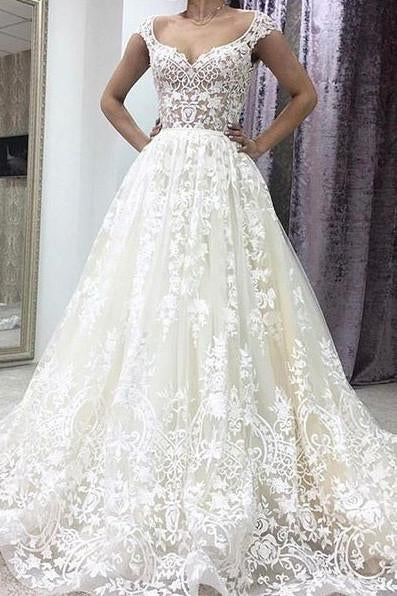 A-Line Deep V-neck Court Train Sleeveless Ivory Lace Wedding Dress with Appliques RS282