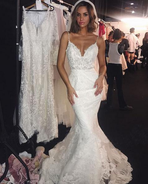 Sexy Mermaid Spaghetti Straps Wedding Dresses Lace Appliques Wedding Gowns with Tulle W1035