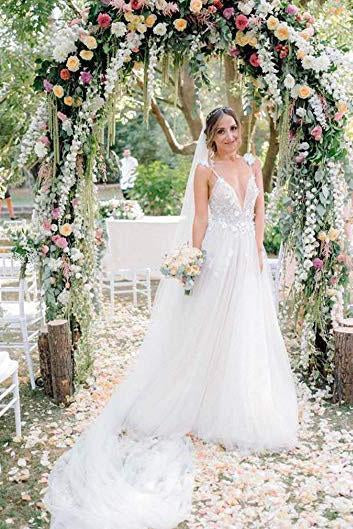 A Line Deep V Neck Spaghetti Straps Beads Backless Handmade Flower Wedding Dresses PW328